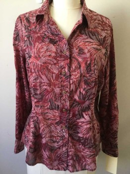 Womens, Blouse, COLDWATER CREEK, Red Burgundy, Pink, Black, Polyester, Cotton, Abstract , Floral, XL, Button Front, Long Sleeves, Collar Attached,