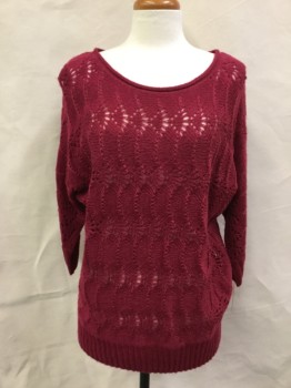Womens, Pullover, LAUREN CONRAD, Raspberry Pink, Acrylic, Solid, Stripes - Horizontal , M, Round Neck with Rolled Edge, 3/4 Sleeves, Open Work, Rib Knit Cuff and Hem