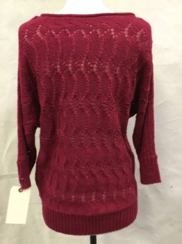 LAUREN CONRAD, Raspberry Pink, Acrylic, Solid, Stripes - Horizontal , Round Neck with Rolled Edge, 3/4 Sleeves, Open Work, Rib Knit Cuff and Hem