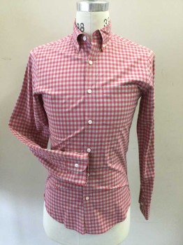 J CREW, Pink, Lt Gray, Cotton, Check , Button Front, Long Sleeves, Collar Attached, Button Down Collar, Slim Fit