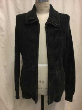 Mens, Cardigan Sweater, G STAR RAW, Black, Cotton, Solid, S, Black Knit, Zip Front, Collar Attached, Long Sleeves, 2 Pockets, Aged & Distressed