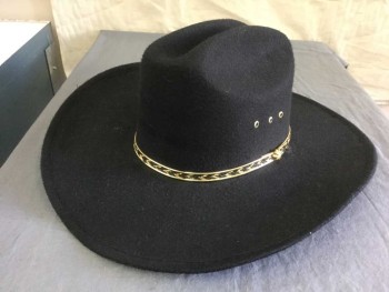 Mens, Cowboy Hat, EAGLE CREST, Black, Polyester, Solid, S/M, Black Jersey Knit Over Buckram. Open Road, Black & Gold Skinny Hat Band