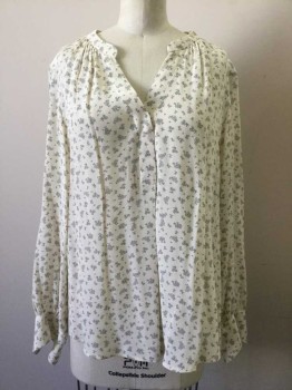 Womens, Top, H&M, Ivory White, Gray, Synthetic, Floral, S, Ivory with Gray Floral Print, V-neck with 1 Snap Button, Long Sleeves,