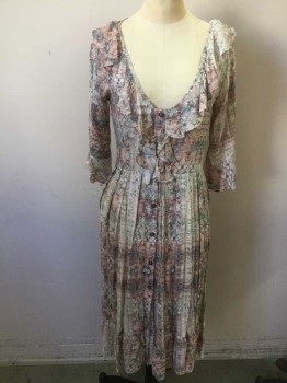 Womens, Dress, Long & 3/4 Sleeve, TYSA, White, Beige, Terracotta Brown, Teal Green, Rayon, Abstract , S, 3/4 Sleeve, V-neck, Self Ruffle Trim at Neck and Sleeves, Button Front From Bust to Hem, Hem Mid-calf