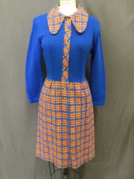 N/L, Royal Blue, Brick Red, Yellow, White, Acrylic, Wool, Color Blocking, Plaid, Top Half Is Royal Blue Ribbed Knit, Bottom Half & Collar + Button Placket Are Brick W/Blue/Yellow/White Plaid Windowpane Wool, Long Sleeves, Shirtwaist, Gold Buttons, Rounded Oversized Collar, Straight Cut Skirt, Hem At Knee,