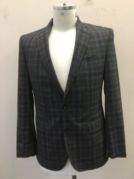 Mens, Sportcoat/Blazer, TED BAKER, Gray, Navy Blue, Lt Gray, Wool, Rayon, Plaid, 40R, 2 Button Single Breasted, 3 Pockets, Purple Rayon Brocade Lining, 2 Slits Center Back,