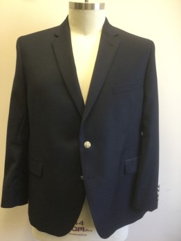Mens, Sportcoat/Blazer, JIMMY AU, Navy Blue, Wool, Solid, 48S, Single Breasted, Notched Lapel, 2 Silver Metal Embossed Buttons, 3 Pockets, Navy with Busy White Grid Pattern Lining