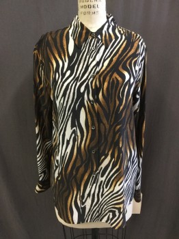 EQUIPMENT, Black, White, Lt Brown, Brown, Gray, Silk, Animal Print, Long Sleeves, Button Front, Collar Attached, Tiger Stripe