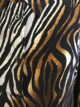 EQUIPMENT, Black, White, Lt Brown, Brown, Gray, Silk, Animal Print, Long Sleeves, Button Front, Collar Attached, Tiger Stripe