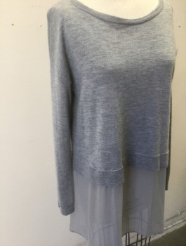 EILEEN FISHER, Gray, Wool, Polyester, Solid, Knit, Wide Scoop Neck, Cropped Sweater with Attached Chiffon Bottom Half, Slits at Side Hem, Has a Double