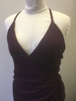 Womens, Evening Gown, L'AGENCE, Dk Purple, Plum Purple, Viscose, Solid, Sz.8, Stretchy Material, Spaghetti Halter Straps, Faux Wrap Deep V Surplice Front, Self Tie Belt Attached at Waist with Tassles at Ends, Floor Length with Slits at Side Up to Hip