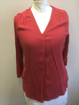 PLEIONE, Tomato Red, Red, Rayon, Spandex, Solid, Tomato Red, Jersey, Long Sleeves with Loops to Roll Up Sleeves, V-neck, Tunic Length, Gathered at Shoulder Seams