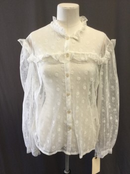 NL, Cream, Polyester, Spandex, Solid, Floral, Self Stretch Mesh Lace, Long Balloon Raglan Sleeves, High Ruffle Collar, Ruffle Yoke, Button Front,