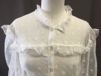 NL, Cream, Polyester, Spandex, Solid, Floral, Self Stretch Mesh Lace, Long Balloon Raglan Sleeves, High Ruffle Collar, Ruffle Yoke, Button Front,