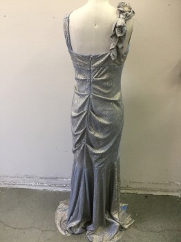 Womens, Evening Gown, XSCAPE, Lt Blue, Gold, Synthetic, 6, Sleeveless, Rosettes on Right Shoulder Strap, Center Back Zipper, Wrinkle Texture, Ruched, Mermaid Skirt