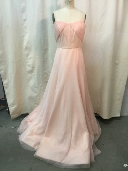 VERA WANG, Lt Pink, Synthetic, Solid, Light Pink, Pleated Bust, Thin Spaghetti Straps, Grosgrain Ribbon Belt