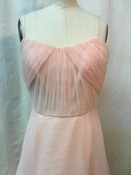 VERA WANG, Lt Pink, Synthetic, Solid, Light Pink, Pleated Bust, Thin Spaghetti Straps, Grosgrain Ribbon Belt