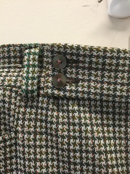 "COMPLETELY", Multi-color, Off White, Dk Green, Olive Green, Polyester, Houndstooth, Speckled, with Orange and Red Specks, Flat Front, Tab Waist with 2 Buttons, Zip Fly, 4 Pockets, Boot Cut,