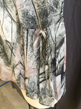 MINT VELVET, Ecru, Gray, Black, Blush Pink, Brown, Polyester, Abstract , Abstract Tree Branches, Round Neck,  Long Sleeves with 10" Ruffle with Faux D-string Bow tie, Solid Off White Lining