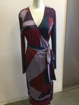 Womens, Dress, 2 Pieces, TANYA TAYLOR, Teal Blue, Red, Fuchsia Pink, Lavender Purple, Purple, Polyester, Elastane, Geometric, M, Cross Over V-neck,  Self Ribbed Knit, Long Sleeves, Sheer
