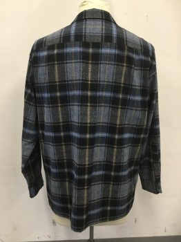 PENDELTON, Black, Lt Blue, Gray, Khaki Brown, Wool, Plaid, Flannel, Button Front, Collar Attached, Long Sleeves, 2 Flap Pockets