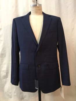 BONOBOS, Navy Blue, Ivory White, Wool, Elastane, Grid , Navy, Ivory Grid Print, Notched Lapel, Collar Attached, 2 Buttons,  3 Pockets,