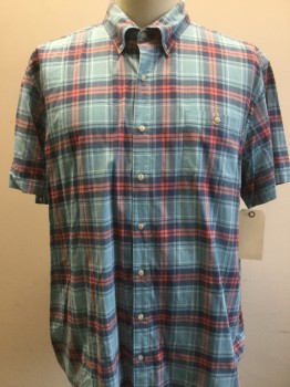 SONOMA, Navy Blue, Salmon Pink, Lt Blue, White, Cotton, Spandex, Plaid, Short Sleeves, Button Front, Button Down Collar Attached, Pocket,