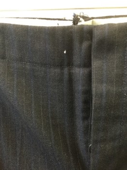 N/L MTO, Charcoal Gray, Navy Blue, Lt Gray, Wool, Stripes - Pin, Charcoal with Navy and Gray Pinstripes, Flat Front, Button Fly, Suspender Buttons at Inside Waistband, 2 Pockets, Made To Order Reproduction **Has Some Wear/Tear at Back Waistband