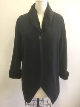 N/L MTO, Black, Wool, Cotton, Solid, Wool with Fluffy Velour Cuffs and Shawl Collar, Hook and Eye Closures Down Center Front, Self Belt Detail at Center Back Waist, Made To Order