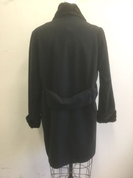 Womens, Coat 1890s-1910s, N/L MTO, Black, Wool, Cotton, Solid, B:44, Wool with Fluffy Velour Cuffs and Shawl Collar, Hook and Eye Closures Down Center Front, Self Belt Detail at Center Back Waist, Made To Order