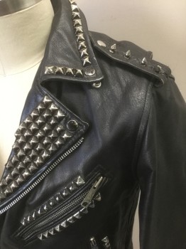 Mens, Leather Jacket, U MR, Black, Silver, Leather, Metallic/Metal, Solid, 44, Motorcycle Jacket, Zip Front, Silver Metal Pyramid Studs Throughout, 3 Zip Pockets, Epaulettes at Shoulders with Pointy Silver Studs, Self Belt Straps Attached at Side Waist with Silver Buckle, **Light Wear Throughout