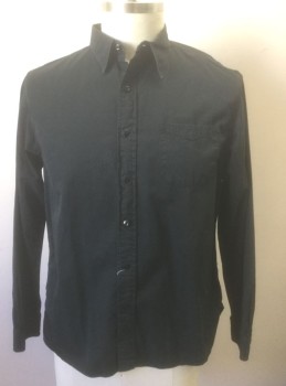 DOUBLE RL, Black, Cotton, Solid, Long Sleeve Button Front, Collar Attached, 1 Patch Pocket