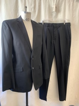 KENNETH COLE, Black, Wool, Solid, Notched Lapel, Single Breasted, Button Front, 2 Buttons, 3 Pockets