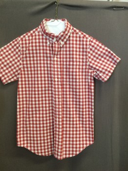 JANIE & JACK, Red, White, Gray, Cotton, Plaid - Tattersall, Button Front, Button Down Collar, Short Sleeves,