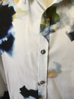 PAUL SMITH, White, Lime Green, Lt Blue, Black, Navy Blue, Cotton, Novelty Pattern, Splotch Print, Collar Attached, Button Front, Long Sleeves,