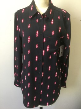 EQUIPMENT, Black, Neon Pink, Fuchsia Pink, White, Polyester, Novelty Pattern, Black with Neon Fuchsia Edged White Zig Zags/Lightning Bolt Repeating Pattern, Crepe, Long Sleeve Button Front, Collar Attached, 1 Pocket