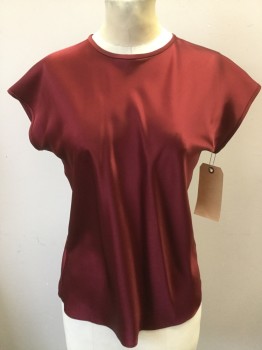 HELMUT LANG, Wine Red, Acetate, Polyester, Solid, Satin, Round Neck,  Cap Sleeves, Button Back Neck