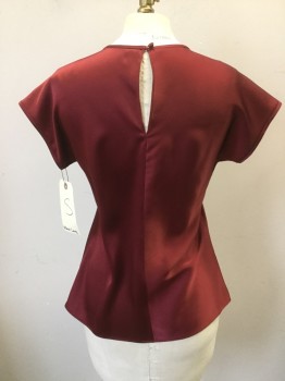 Womens, Shell, HELMUT LANG, Wine Red, Acetate, Polyester, Solid, S, Satin, Round Neck,  Cap Sleeves, Button Back Neck