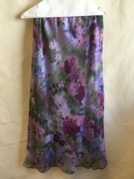 K STUDIO, Purple, Pink, Olive Green, Magenta Pink, Red Burgundy, Polyester, Floral, Sheer/Wrinkle, Thin Elastic Waistband, Solid Lavender Lining, Flare Bottom (1990's-2000's)