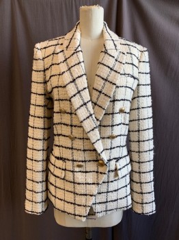 Womens, Blazer, L'AGENCE, White, Black, Wool, Acrylic, Grid , 0, Bouclé, Double Breasted, Collar Attached, Peaked Lapel, 3 Pockets, Gold Stripe Textured Buttons, Long Sleeves