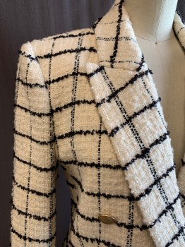 Womens, Blazer, L'AGENCE, White, Black, Wool, Acrylic, Grid , 0, Bouclé, Double Breasted, Collar Attached, Peaked Lapel, 3 Pockets, Gold Stripe Textured Buttons, Long Sleeves