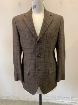 STAFFORD, Brown, Black, Gray, Wool, Polyester, Houndstooth, Notched Lapel, Single Breasted, Button Front, 3 Buttons, 3 Pockets, Khaki Elbow Patches