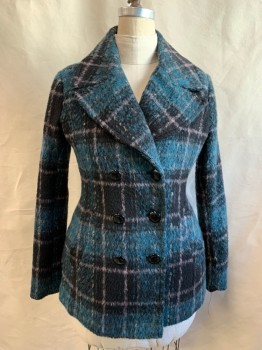 BCBGENERATION, Teal Blue, Black, Gray, Polyester, Wool, Plaid, Fleece, Double Breasted, Oversized Collar Attached and Notched Lapel, 2 Pockets, Long Sleeves, Button Tab Back Waist, Back Waist Box Pleats