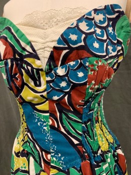 ALFRED SHAHEEN, Green, Brown, Black, Lt Green, Teal Blue, Cotton, Hawaiian Print, Strapless, Smocked Back, Sweetheart Neck with Cream Diamond Pattern Panel with Cream Eyelet Detail, Pleated Skirt, Built in Boned Bralette,