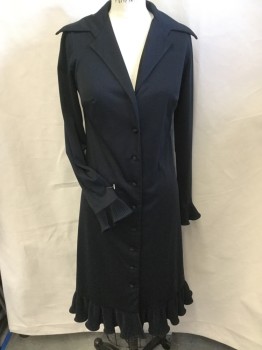 PAUL OF CALIFORNIA, Black, Polyester, Solid, Notched Lapel, Loose Fit, Self Cover Button Front, Accordion Pleat  Ruffle Long Sleeves Cuff, & Hem