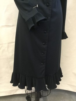 PAUL OF CALIFORNIA, Black, Polyester, Solid, Notched Lapel, Loose Fit, Self Cover Button Front, Accordion Pleat  Ruffle Long Sleeves Cuff, & Hem