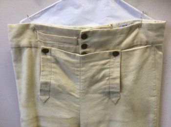 Mens, Historical Fiction Pants, MBA LTD, Cream, Cotton, Solid, W:36, Military Uniform Breeches, Brushed Twill, Fall Front, Knee Length, Gold Buttons and Buckle at Leg Opening, Lacings/Ties at Center Back Waist, Aged/Dirty,  Made To Order Reproduction Late 1700's Early 1800's