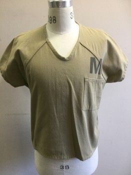 Unisex, Shirt/Top, BOB BARKER, Beige, Polyester, Cotton, Solid, S, Short Sleeves, V-neck, 1 Pocket, Raglan Sleeves,  "M" Above Pocket, "DOC" on Back