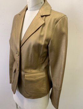 Womens, Blazer, CABI, Gold, Leather, Solid, B 34, 4, Single Breasted, Notched Lapel, 2 Buttons, Handpicked Stitching at Lapel, 2 Pockets, Fitted