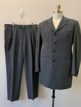 Mens, Suit, Jacket, MALBI, Navy Blue, Yellow, Wool, Grid , 44 XL, Notched Lapel, Collar Attached, 4 Buttons, 3 Pockets (90's Zoot Suit)
